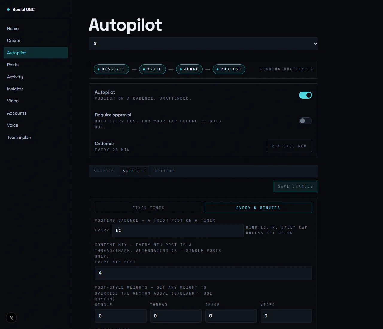 Autopilot scheduling in Social UGC: posting cadence, time windows, and content mix controls.